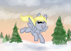 Size: 2100x1500 | Tagged: safe, artist:nootaz, derpibooru import, derpy hooves, pegasus, pony, eyes closed, flying, happy, image, jpeg, open mouth, open smile, pine tree, smiling, snow, solo, spread wings, tree, wings, winter