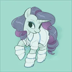 Size: 2103x2103 | Tagged: safe, artist:syrupyyy, derpibooru import, rarity, pony, unicorn, blue background, boots, clothes, coat, cute, eyeshadow, female, grin, image, jpeg, makeup, mare, raised hoof, raribetes, shoes, simple background, smiling, solo, winter, winter outfit