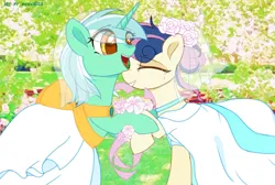 Size: 1860x1251 | Tagged: safe, artist:memengla, derpibooru import, bon bon, lyra heartstrings, sweetie drops, earth pony, pony, unicorn, clothes, colored pupils, dress, female, image, lesbian, lyrabon, marriage, png, shipping, wedding, wedding dress