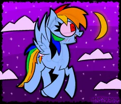 Size: 1766x1516 | Tagged: safe, artist:xxv4mp_g4z3rxx, derpibooru import, rainbow dash, pegasus, pony, alternate hair color, blue coat, blushing, cloud, flying, image, looking up, moon, multicolored hair, night, png, rainbow hair, red eyes, solo, spread wings, stars, wings