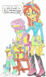 Size: 1592x2647 | Tagged: safe, artist:godzilla713, derpibooru import, fluttershy, sunset shimmer, equestria girls, blindfold, bondage, chair, gag, image, jpeg, simple background, tied to chair, tied up, white background