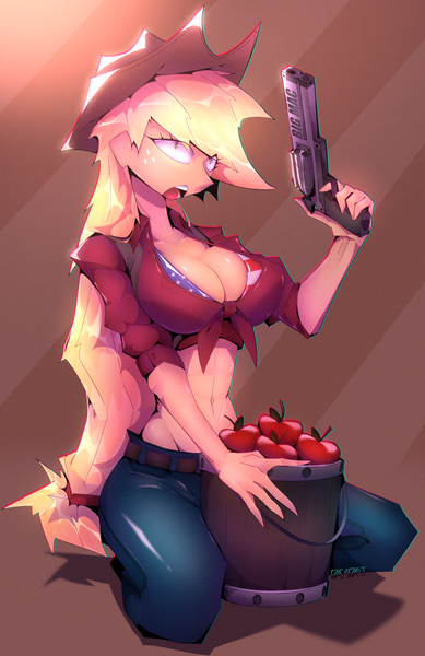 Size: 1298x2000 | Tagged: suggestive, artist:dreadrat, derpibooru import, applejack, human, american flag, apple, belly button, breasts, bucket, busty applejack, clothes, denim, erect nipples, female, flag, food, gun, handgun, humanized, image, jeans, kneeling, nipple outline, open mouth, pants, pistol, png, solo, solo female, weapon