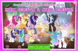 Size: 1964x1295 | Tagged: safe, derpibooru import, official, applejack, fluttershy, pinkie pie, princess celestia, rainbow dash, rarity, twilight sparkle, twilight sparkle (alicorn), alicorn, kirin, nirik, winged kirin, advertisement, applejack's hat, cloven hooves, collection, cowboy hat, crown, duality, english, fangs, female, fire, gameloft, group, hat, horn, image, jewelry, jpeg, kirin applejack, kirin celestia, kirin fluttershy, kirin pinkie, kirin rainbow dash, kirin rarity, kirin twilight, kirinified, mane of fire, mane six, mobile game, my little pony: magic princess, numbers, regalia, species swap, spread wings, text, wings