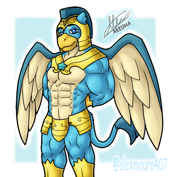 Size: 595x610 | Tagged: safe, artist:alexmauro407, derpibooru import, gallus, anthro, gryphon, the last problem, arm behind back, armor, gallifts, helmet, image, male, muscles, muscular male, older, older gallus, png, royal guard, royal guard gallus, solo, unconvincing armor