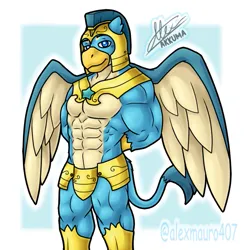 Size: 595x610 | Tagged: safe, artist:alexmauro407, derpibooru import, gallus, anthro, gryphon, the last problem, arm behind back, armor, gallifts, helmet, image, male, muscles, muscular male, older, older gallus, png, royal guard, royal guard gallus, solo, unconvincing armor