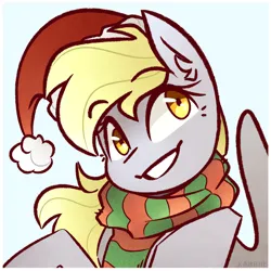 Size: 4500x4500 | Tagged: safe, artist:pointdelta, derpibooru import, derpy hooves, pegasus, pony, bust, christmas, clothes, grin, hat, holiday, image, png, portrait, santa hat, scarf, simple background, smiling, solo