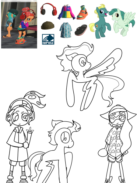 Size: 3000x4000 | Tagged: safe, artist:enperry88, derpibooru import, end zone, ocarina green, earth pony, inkling, pegasus, pony, aloha shirt, cap, clothes, collaboration, collage, crossover, dadfoot sandals, devil horn (gesture), enperry (splatoon), flip flops, flying, friendship student, gesture, hat, headphones, image, inkling girl, looking at each other, looking at someone, octoling, octoling girl, outfit, png, shirt, shoes, simple background, skalop (splatoon), splatoon, splatoon 3, spread wings, transparent background, wings, zekko (splatoon), zink (splatoon)