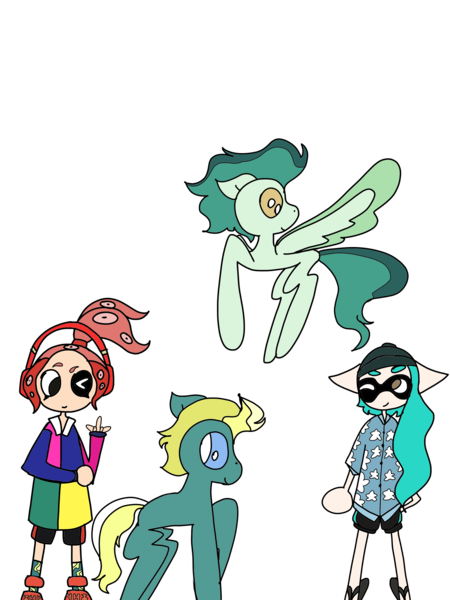 Size: 3000x4000 | Tagged: safe, artist:enperry88, derpibooru import, end zone, ocarina green, earth pony, inkling, pegasus, pony, aloha shirt, cap, clothes, collaboration, collage, crossover, dadfoot sandals, devil horn (gesture), enperry (splatoon), flip flops, flying, friendship student, gesture, hat, headphones, image, inkling girl, looking at each other, looking at someone, octoling, octoling girl, png, shirt, shoes, simple background, skalop (splatoon), splatoon, splatoon 3, spread wings, transparent background, wings, zink (splatoon)