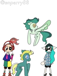 Size: 3000x4000 | Tagged: safe, artist:enperry88, derpibooru import, end zone, ocarina green, earth pony, inkling, pegasus, pony, aloha shirt, cap, clothes, collaboration, collage, crossover, dadfoot sandals, devil horn (gesture), enperry (splatoon), flip flops, flying, friendship student, gesture, hat, headphones, image, inkling girl, looking at each other, looking at someone, octoling, octoling girl, png, shirt, shoes, simple background, skalop (splatoon), splatoon, splatoon 3, spread wings, transparent background, wings, zink (splatoon)
