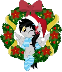 Size: 4320x5000 | Tagged: safe, artist:jhayarr23, derpibooru import, oc, oc:lightning dee, unofficial characters only, pegasus, pony, bow, christmas, clothes, colored sclera, commission, ear bow, fangs, female, hat, holiday, image, mare, one eye closed, png, santa hat, scarf, simple background, sitting, socks, solo, spread wings, striped socks, transparent background, wings, wink, wreath, ych result