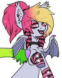 Size: 633x804 | Tagged: safe, artist:twiggy doodle, derpibooru import, oc, oc:batty bliss, unofficial characters only, bat pony, pony, bat pony oc, bat wings, chest fluff, clothes, collar, ear fluff, ear piercing, image, piercing, png, simple background, socks, spread wings, striped socks, transparent background, wings