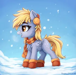 Size: 1331x1314 | Tagged: safe, artist:zeepheru_pone, derpibooru import, derpy hooves, pegasus, pony, chest fluff, clothes, cute, derpabetes, ear fluff, earmuffs, female, image, mare, png, scarf, smiling, snow, snowfall, solo, standing, striped scarf, winter