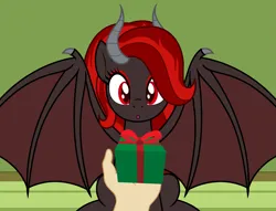 Size: 2753x2100 | Tagged: safe, artist:badumsquish, derpibooru import, oc, oc:kim stone, bat pony, demon, demon pony, human, monster pony, original species, pony, :o, bat wings, bow, box, christmas presents, derpibooru exclusive, duo, eyeliner, eyes on the prize, eyeshadow, female, hand, house, image, looking at something, makeup, mare, offscreen character, open mouth, png, pov, present, red eyes, ribbon, sitting, slit pupils, spread wings, surprised, wholesome, wings
