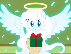 Size: 2753x2100 | Tagged: safe, artist:badumsquish, derpibooru import, oc, oc:zophiel, angel pony, human, original species, pony, :o, angel, bow, box, christmas presents, derpibooru exclusive, duo, eyes on the prize, feather, female, floating wings, glow, halo, hand, house, image, long mane, looking at something, mare, offscreen character, open mouth, png, pov, present, ribbon, sitting, spread wings, surprised, wholesome, wings
