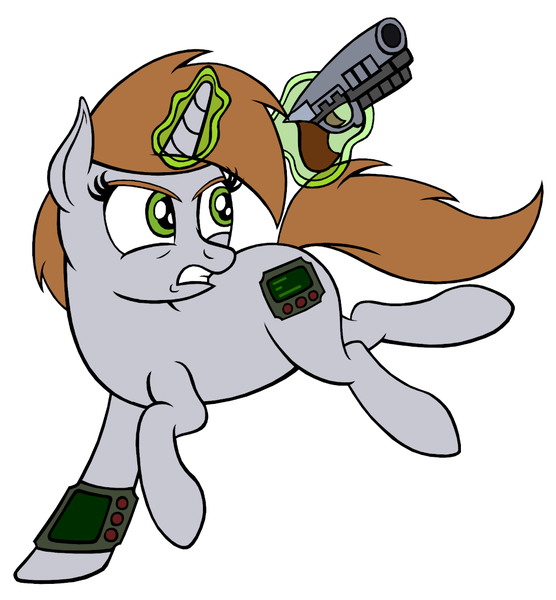 Size: 1000x1080 | Tagged: safe, artist:roseluck, derpibooru import, oc, oc:littlepip, unofficial characters only, pony, unicorn, fallout equestria, 12.7mm pistol, colored sketch, derpibooru exclusive, female, full body, glow, glowing horn, gritted teeth, gun, handgun, horn, image, looking back, magic, magic aura, mare, pipbuck, pistol, png, running, simple background, solo, tail, teeth, telekinesis, three quarter view, unicorn oc, weapon, white background