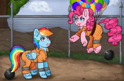 Size: 1533x1004 | Tagged: safe, artist:yumomochan, derpibooru import, pinkie pie, rainbow dash, earth pony, pegasus, balloon, chains, clothes, commission, escape, image, png, prison, prison outfit, prisoner, prisoner rd, silly face