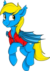 Size: 960x1367 | Tagged: safe, artist:rutkotka, derpibooru import, oc, oc:aliax, oc:aliax smily, bat pony, derpibooru community collaboration, 2023 community collab, blue, clothes, commission, image, jacket, png, smiling, your character here
