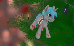 Size: 1280x800 | Tagged: safe, artist:stray prey, derpibooru import, oc, oc:lucent, unofficial characters only, pony, unicorn, bow, christmas, christmas tree, digital art, harness, holiday, horn, image, jpeg, male, micro, solo, stallion, suspended, tack, tail, tree