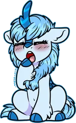 Size: 1066x1720 | Tagged: safe, artist:sexygoatgod, derpibooru import, oc, oc:icefumy, unofficial characters only, kirin, pony, blushing, chibi, image, png, yawn