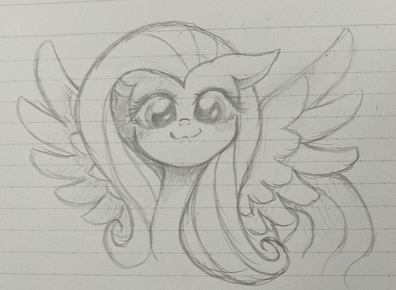 Size: 1381x1013 | Tagged: safe, artist:namaenonaipony, derpibooru import, fluttershy, pegasus, pony, cute, female, floppy ears, grayscale, image, jpeg, lined paper, looking at you, mare, monochrome, pencil drawing, shyabetes, smiling, smiling at you, solo, spread wings, traditional art, wings