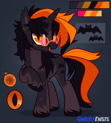 Size: 907x1004 | Tagged: safe, artist:ghastlyexists, derpibooru import, oc, oc:hijinx, unofficial characters only, pony, unicorn, cutie mark, digital art, fangs, freckles, glasses, horn, image, long mane, looking at you, png, raised hoof, reference sheet, show accurate, simple background, standing, tail, unshorn fetlocks, watermark