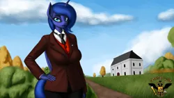 Size: 7680x4320 | Tagged: safe, artist:tsaritsaluna, derpibooru import, princess luna, alicorn, anthro, clothes, image, looking at you, necktie, png, solo, suit, tree