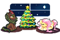 Size: 4200x2800 | Tagged: safe, artist:mariothepixelarter, derpibooru import, cinder glow, fluttershy, summer flare, kirin, pegasus, pony, christmas, christmas tree, cute, duo, eyes closed, female, full moon, high res, holiday, image, lying down, mare, moon, night, pixel art, png, prone, shyabetes, simple background, sitting, transparent background, tree