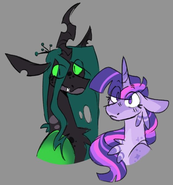 Size: 754x810 | Tagged: safe, artist:rockin_candies, derpibooru import, queen chrysalis, twilight sparkle, twilight sparkle (alicorn), alicorn, changeling, changeling queen, pony, cheek fluff, chest fluff, duo, eye clipping through hair, fangs, female, glow, glowing eyes, gray background, horn, image, jpeg, lesbian, shipping, simple background, slit pupils, twisalis, twitterina design