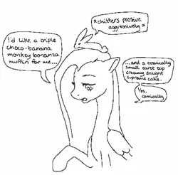 Size: 1434x1410 | Tagged: safe, artist:riceflowers_art, derpibooru import, angel bunny, fluttershy, pegasus, pony, angel riding fluttershy, black and white, dialogue, female, grayscale, image, jpeg, mare, monochrome, offscreen character, simple background, speech bubble, white background