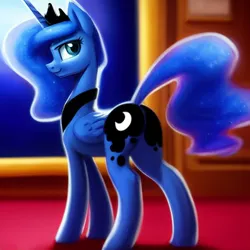 Size: 1024x1024 | Tagged: safe, derpibooru import, editor:dovakkins, machine learning generated, stable diffusion, princess luna, alicorn, pony, beautiful, butt, crown, cute, ethereal mane, ethereal tail, female, galaxy mane, image, jewelry, looking at you, lunabetes, mare, moonbutt, peytral, png, regalia, smiling, smiling at you, solo, tail