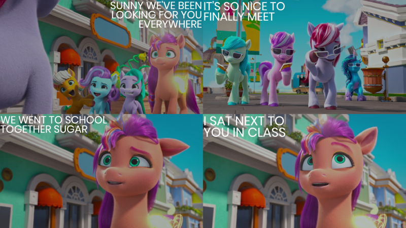 Size: 4400x2475 | Tagged: safe, derpibooru import, edit, edited screencap, editor:quoterific, screencap, sugar moonlight, sunny starscout, my little pony: make your mark, my little pony: make your mark chapter 2, ali-conned, g5, glory (g5), image, peach fizz, pippsqueak trio, png, seashell (g5)