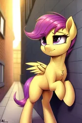 Size: 512x768 | Tagged: safe, derpibooru import, editor:omnixious, machine learning generated, novelai, stable diffusion, scootaloo, pegasus, pony, alleyway, blank flank, chest fluff, female, filly, foal, image, png, raised hoof, rearing, smiling, smirk, solo, spread wings, wings