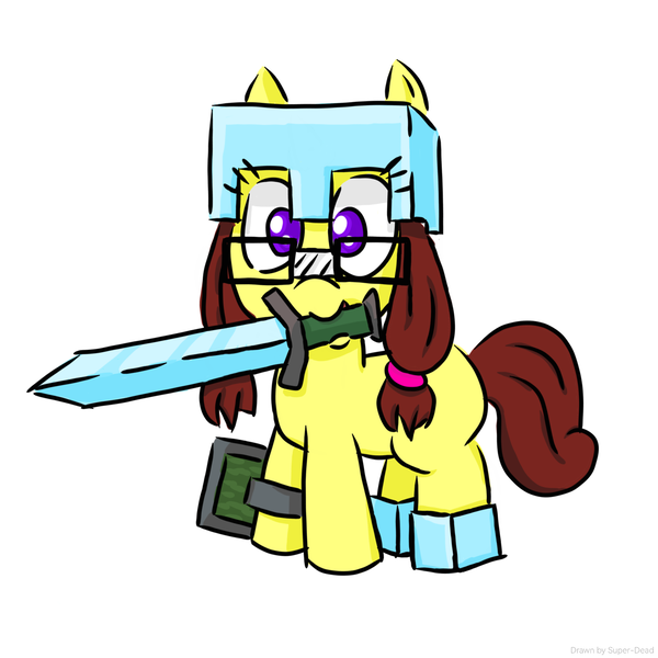 Size: 2048x2048 | Tagged: safe, artist:super-dead, derpibooru import, oc, earth pony, pony, diamond sword, female, foal, glasses, image, minecraft, mouth hold, png, shield, solo, sword, weapon