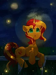 Size: 1620x2160 | Tagged: safe, artist:lendftcn, derpibooru import, sunset shimmer, firefly (insect), insect, pony, unicorn, female, fence, film grain, floppy ears, image, jpeg, looking at something, looking up, mare, night, open mouth, solo