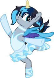 Size: 510x739 | Tagged: safe, artist:princessyanderequinn, derpibooru import, oc, oc:sapphire la elpis flare, alicorn, alicorn oc, alternate hairstyle, arabesque, ballerina, ballet, ballet bun, ballet pose, ballet slippers, choker, clothes, gloves, horn, image, on one leg, one arm up, png, tutu, tututiful, wings