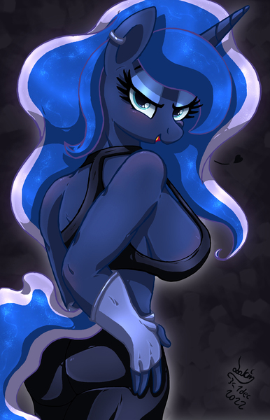 Size: 900x1400 | Tagged: suggestive, artist:joakaha, derpibooru import, princess luna, alicorn, anthro, ass, bedroom eyes, big breasts, breasts, busty princess luna, butt, cleavage, eyebrows, female, hand on hip, image, jpeg, looking at you, looking back, looking back at you, moonbutt, open mouth, open smile, rear view, sideboob, signature, smiling, smiling at you, solo, solo female, wingless, wingless anthro