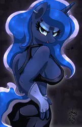 Size: 900x1400 | Tagged: suggestive, artist:joakaha, derpibooru import, princess luna, alicorn, anthro, ass, bedroom eyes, big breasts, breasts, busty princess luna, butt, cleavage, eyebrows, female, hand on hip, image, jpeg, looking at you, looking back, looking back at you, moonbutt, open mouth, open smile, rear view, sideboob, signature, smiling, smiling at you, solo, solo female, wingless, wingless anthro