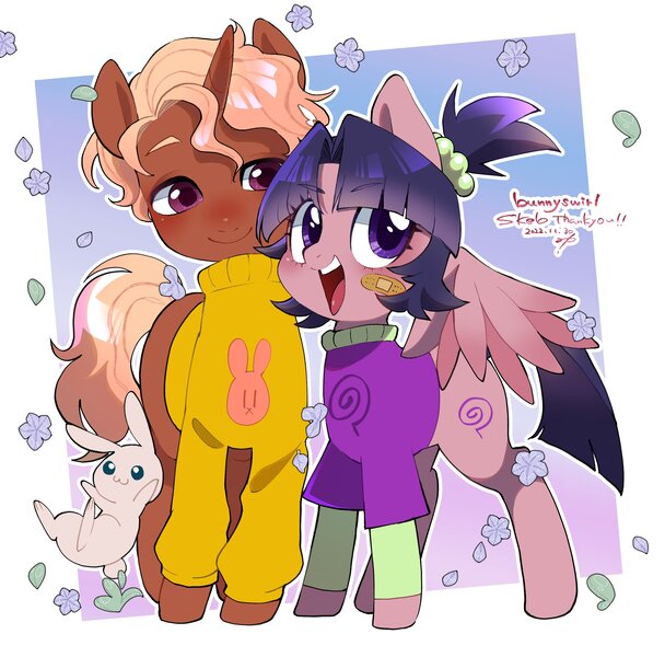 Size: 2828x2792 | Tagged: safe, artist:potetecyu_to, derpibooru import, oc, unofficial characters only, pegasus, pony, rabbit, unicorn, animal, bandaid, clothes, commission, duo, female, image, jpeg, male, mare, open mouth, open smile, passepartout, smiling, stallion, sweater