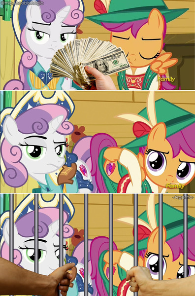 Size: 826x1250 | Tagged: suggestive, artist:mlpfbismagic, derpibooru import, edit, edited screencap, screencap, scootaloo, sweetie belle, pegasus, pony, unicorn, on your marks, bars, butt, clothes, cow belle, discovery family, discovery family logo, dollar, female, filly, foal, image, implied foalcon, implied prostitution, implied underage, jail, jpeg, lederhosen, logo, meme, money, offscreen character, offscreen human, we already got our mark, yodeloo