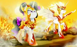 Size: 4000x2480 | Tagged: safe, artist:dormin-dim, derpibooru import, daybreaker, oc, oc:hazel radiate, alicorn, pony, unicorn, bow, commission, commissioner:biohazard, daybreaker armor, detailed background, duo, duo female, female, fire, highlights, horn, image, jewelry, jpeg, mare, peytral, ponytail, purple eyes, regalia, spread wings, sun, tail, tail bow, unicorn oc, wings, ych result
