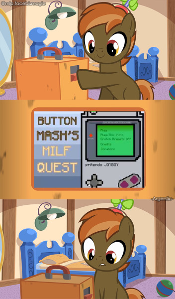 Size: 352x600 | Tagged: suggestive, artist:mlpfbismagic, derpibooru import, button mash, earth pony, pony, button's adventures, button's odd game, colt, foal, game console, hat, i don't get it, image, jpeg, male, meme, solo