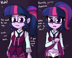 Size: 2206x1789 | Tagged: suggestive, artist:tjpones, derpibooru import, sci-twi, twilight sparkle, human, equestria girls, 2 panel comic, clothes, comic, crystal prep academy uniform, dialogue, female, garter straps, image, panties, png, school uniform, skirt, skirt lift, socks, solo, solo female, stockings, talking to viewer, thigh highs, underwear