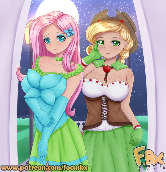 Size: 3307x3425 | Tagged: safe, artist:focusb, derpibooru import, applejack, fluttershy, human, the best night ever, clothes, dress, duo, gala dress, high res, humanized, image, jpeg, looking at you