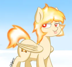 Size: 3316x3082 | Tagged: safe, artist:cdrspark, derpibooru import, oc, oc:hcl, unofficial characters only, pegasus, :p, female, image, mane of fire, pegasus oc, png, snow, solo, solo female, tongue out, wings