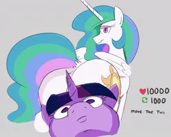 Size: 1023x820 | Tagged: suggestive, artist:jargon scott, derpibooru import, princess celestia, twilight sparkle, alicorn, pony, unicorn, butt, female, gray background, image, inconvenient twilight, jpeg, large butt, looking at you, looking back, looking back at you, mare, plot, simple background, smiling, smiling at you, strategically covered, sunbutt, twiggie