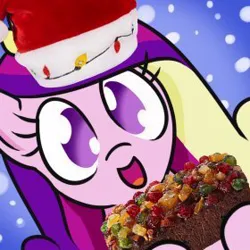 Size: 280x280 | Tagged: safe, artist:jargon scott, derpibooru import, princess cadance, alicorn, pony, avatar, bust, christmas, christmas lights, female, fruitcake, hat, hi anon, holiday, image, jpeg, looking at you, mare, meme, open mouth, open smile, santa hat, smiling, smiling at you, snow, snowfall, solo