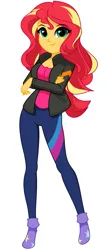 Size: 843x1919 | Tagged: safe, artist:rosemile mulberry, derpibooru import, sunset shimmer, equestria girls, clothes, crossed arms, cute, female, image, jacket, pants, png, shimmerbetes, simple background, smiling, socks, solo, white background