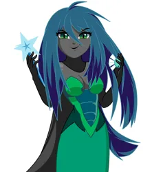 Size: 1234x1394 | Tagged: safe, artist:rosemile mulberry, derpibooru import, queen chrysalis, human, equestria girls, absolute cleavage, breasts, cleavage, clothes, cutie mark, dress, equestria girls-ified, evil grin, eyeshadow, female, gloves, grin, image, implied sunburst, implied trixie, long gloves, long hair, makeup, png, simple background, smiling, solo, sunburst's cutie mark, trixie's cutie mark, wand, white background