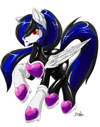 Size: 1264x1600 | Tagged: safe, artist:sexybloody, oc, oc:labys, unofficial characters only, pegasus, pony, black eyeshadow, blue lipstick, boots, clothes, cosplay, costume, eyeshadow, female, folded wings, frown, hair over one eye, hair tie, hoof shoes, image, latex, latex suit, lipstick, looking at you, makeup, mare, png, ponytail, raised hoof, red eyes, rouge the bat, shoes, signature, simple background, solo, sonic the hedgehog (series), transparent background, two toned mane, two toned tail, white coat, wing fluff, wings