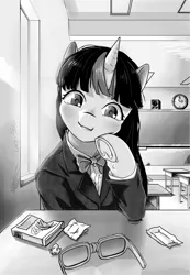 Size: 3335x4816 | Tagged: safe, artist:ph平和, derpibooru import, twilight sparkle, pony, unicorn, black and white, chalkboard, chewing gum, classroom, clothes, food, glasses, grayscale, gum, image, jpeg, looking at you, monochrome, school uniform, smiling, smiling at you, uniform, window